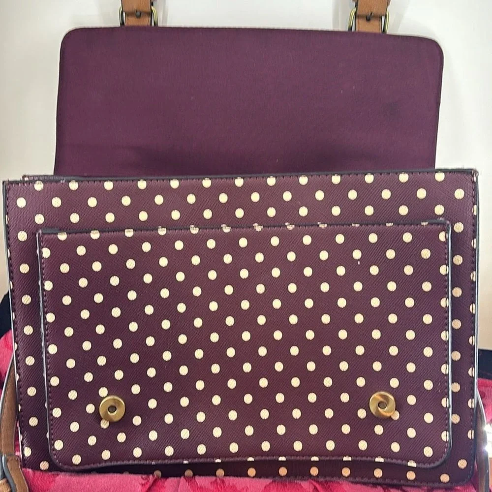 Burgundy Polka Dot Satchel Bag Tan Trim Crossbody Messenger‎ Top Handle Retro